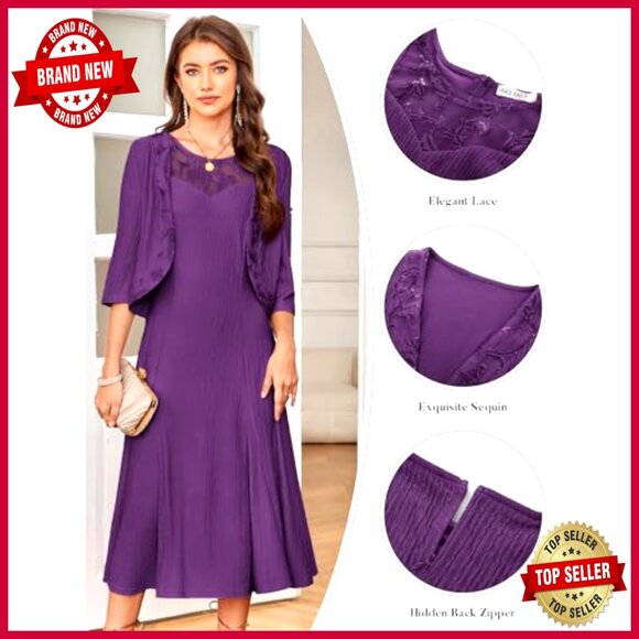 Lace Sequins Midi Dress with Jacket Formal Evening Wedding Guest Elegant - Picture 3 of 7